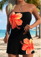 Mid Waisted Floral Print Tummy Coverage Black Tankini Set