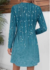 Leaf Print Tummy Coverage Turquoise Short Long Sleeve Dress