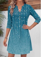 Leaf Print Tummy Coverage Turquoise Short Long Sleeve Dress