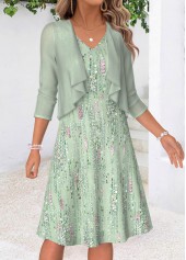 Geometric Print Two-piece Light Green Dress and Cardigan