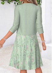 Geometric Print Two-piece Light Green Dress and Cardigan