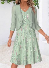 Geometric Print Two-piece Light Green Dress and Cardigan