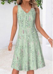 Geometric Print Two-piece Light Green Dress and Cardigan
