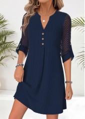 Patchwork Navy Short Long Sleeve Split Neck Dress