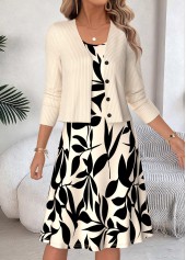 Leaf Print Two-piece Beige Long Sleeve Dress and Cardigan
