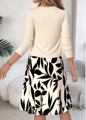 Leaf Print Two-piece Beige Long Sleeve Dress and Cardigan