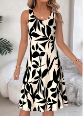 Leaf Print Two-piece Beige Long Sleeve Dress and Cardigan