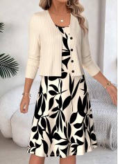 Leaf Print Two-piece Beige Long Sleeve Dress and Cardigan