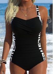 Geometric Print Pull On Black One Piece Swimwear