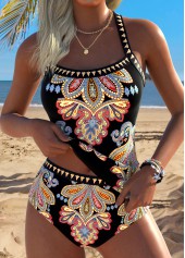 Mid Waisted Tribal Print Tummy Coverage Black Tankini Set