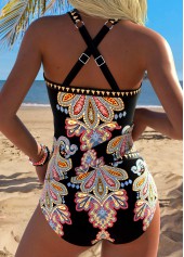 Mid Waisted Tribal Print Tummy Coverage Black Tankini Set