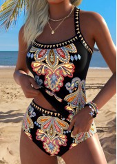 Mid Waisted Tribal Print Tummy Coverage Black Tankini Set