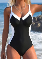 Patchwork Black V Neck One Piece Swimdress