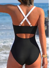 Patchwork Black V Neck One Piece Swimdress