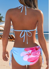 Mid Waisted Floral Print Bowknot Light Blue Bikini Set