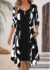 Geometric Print Fake 2in1 Black 3/4 Sleeve Dress