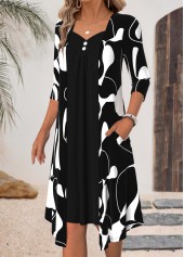 Geometric Print Fake 2in1 Black 3/4 Sleeve Dress