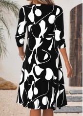 Geometric Print Fake 2in1 Black 3/4 Sleeve Dress