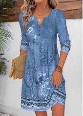 Random Floral Print Shirred Dusty Blue Short Dress