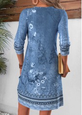 Random Floral Print Shirred Dusty Blue Short Dress