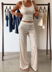 Ditsy Floral Print Beige Strappy Lounge Top and Pants