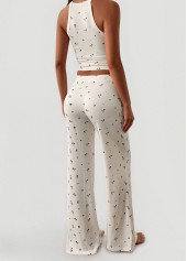 Ditsy Floral Print Beige Strappy Lounge Top and Pants