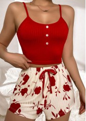 Floral Print Red Scoop Neck Lounge Top and Shorts