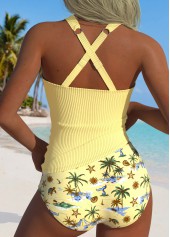 Mid Waisted Tropical Plants Print Yellow Tankini Set