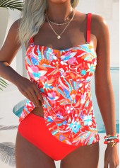 Mid Waisted Random Floral Print Criss Cross Tankini Set