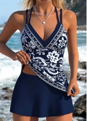 Mid Waisted Random Floral Print Fake 2in1 Tankini Set