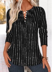 Striped Tuck Stitch Black Long Sleeve T Shirt