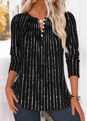 Striped Tuck Stitch Black Long Sleeve T Shirt