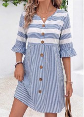 Striped Tummy Coverage Blue Short Half Sleeve Dress