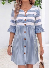 Striped Tummy Coverage Blue Short Half Sleeve Dress