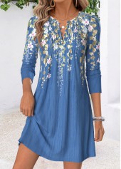 Floral Print Tuck Stitch Blue Short Long Sleeve Dress