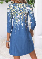Floral Print Tuck Stitch Blue Short Long Sleeve Dress