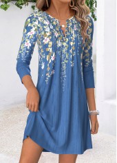 Floral Print Tuck Stitch Blue Short Long Sleeve Dress
