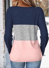 Button Multi Color Long Sleeve Split Neck T Shirt