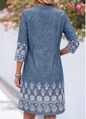 Tribal Print Tuck Stitch Denim Blue Short Dress
