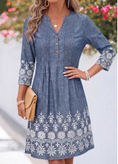 Tribal Print Tuck Stitch Denim Blue Short Dress