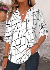 Geometric Print Curved Hem White 3/4 Sleeve Shirt
