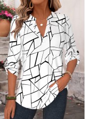 Geometric Print Curved Hem White 3/4 Sleeve Shirt
