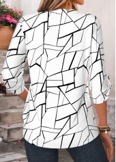 Geometric Print Curved Hem White 3/4 Sleeve Shirt