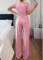 Heart Print Pink V Neck Lounge Top and Pants