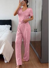 Heart Print Pink V Neck Lounge Top and Pants