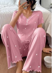 Heart Print Pink V Neck Lounge Top and Pants
