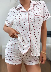 Heart Print White Short Sleeve Lounge Top and Shorts