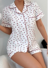 Heart Print White Short Sleeve Lounge Top and Shorts
