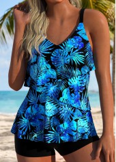 High Waisted Leaf Print Asymmetry Blue Tankini Set