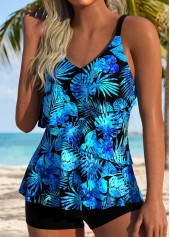 High Waisted Leaf Print Asymmetry Blue Tankini Set